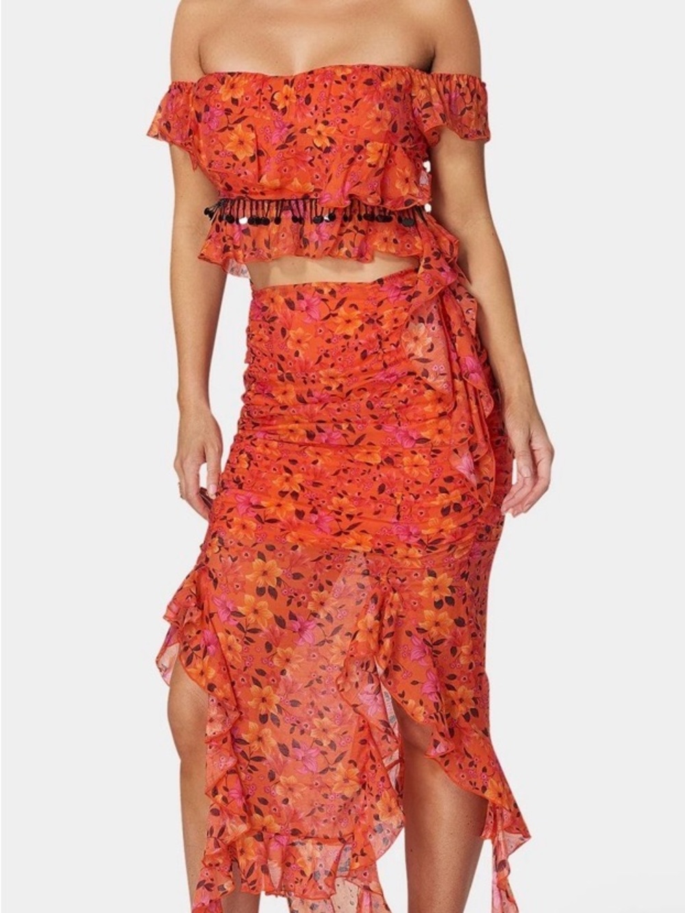 Bebe coral orange Floral Off-Shoulder Ruffle Skirt Set Gorgeous New with Tags